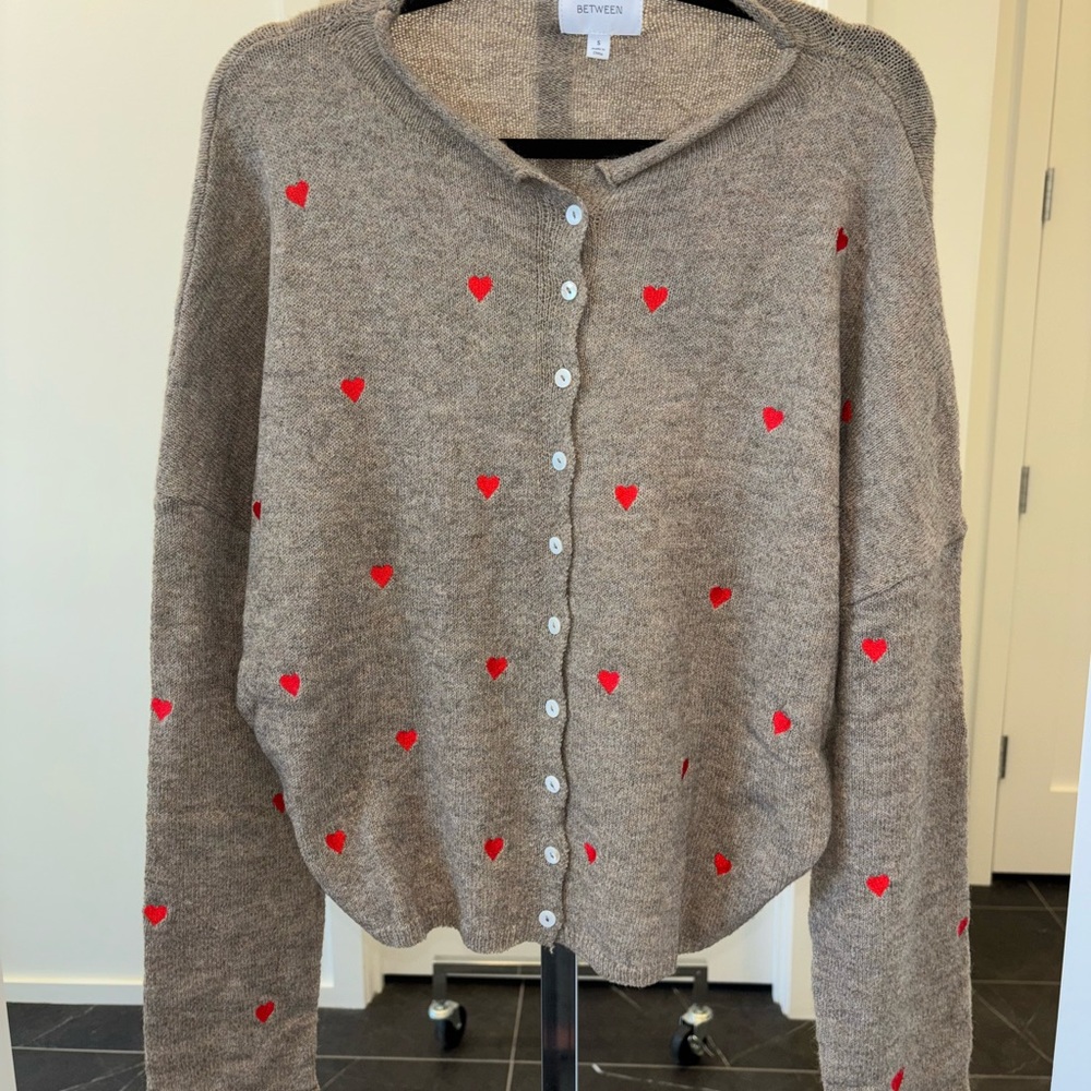 Cozy Brown Cardigan Sweater With Red Hearts